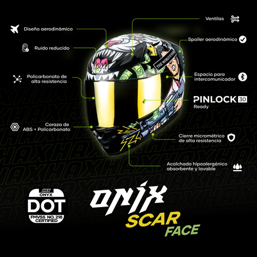 Casco Moto Hax Onix Scarface Integral Brillo Negro Dot Ece Negro Jaguar Xl