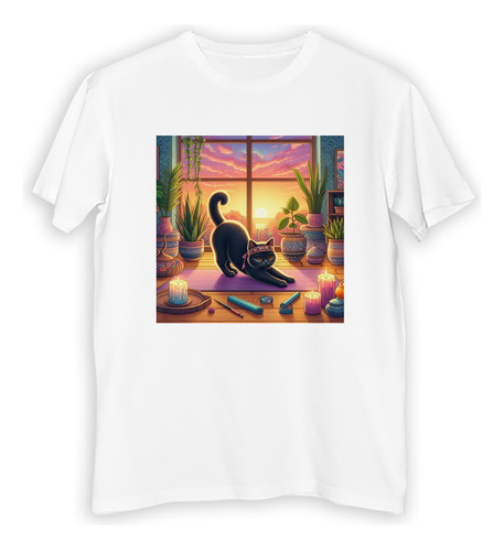 Remera Niño Gato Yoga En Casa Atardecer Dibujo Vela