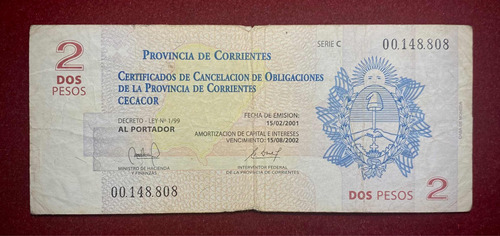 Billete Bono 2 Pesos Corrientes Argentina 2001 Col 312
