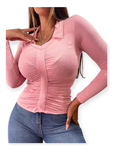 Remera Cuello Estilo Chomba Con Detalle D Frunce En El Busto