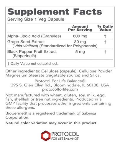 Protocol Ácido Alfa Lipoico 600 Mg - Extracto De Semilla De
