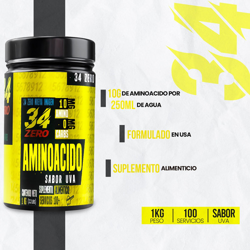 Aminoácidos En Polvo 34 Zero 1 Kg Varios Sabores 100 Servis Uva