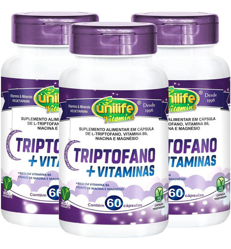 Kit L-triptofano Vitaminas B6 Niacina Magnésio 60 Cápsulas