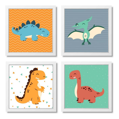 Quadros Decorativos Infantil Dinossauros Fofo Com Moldura