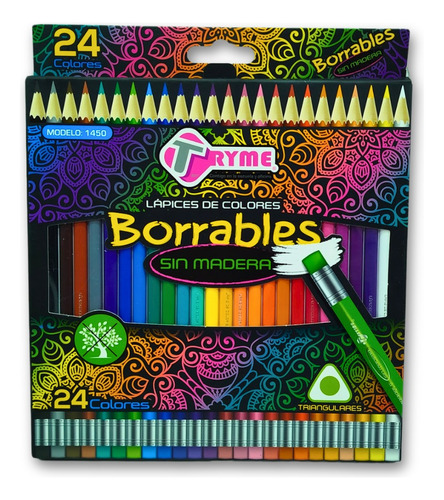 Lapices De Colores Borrables Tryme Sin Madera Caja C/24 Pzs
