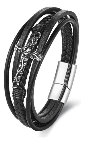 Biyongde Brazalete De Cuero Negro De Múltiples Hebras Con Cr