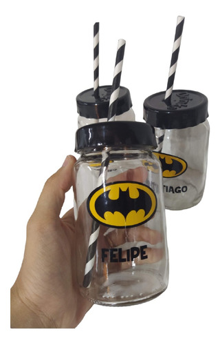 50 Frascos Batman Vasos Souvenirs Con Tapa Y Sorbetes