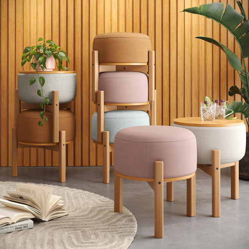 Puff Decorativo Multifuncional Com Mesa Pill Linho Cru