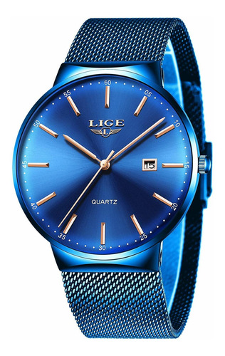 Reloj Hombre Lige Lg9903 Cuarzo Pulso Azul En Acero