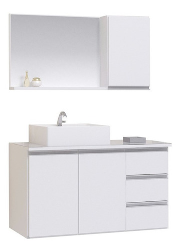 Conjunto Gabinete Banheiro Prisma 80cm Com Tampo Vidro
