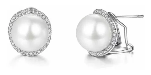 Aros Con Cristales Y Perla  Elegantes Novias Boda Plata
