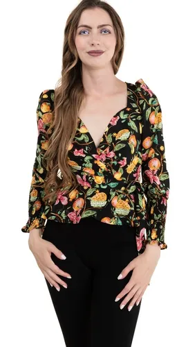 Blusa Manga Larga Peplum Escote Coraz n Estampado Frutal
