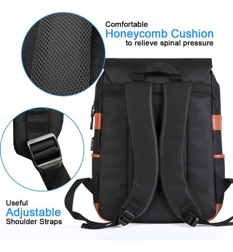 Imagen 3 de 5 de Modoke Mochila P/ Laptop Estilo Vintage Puerto Usb Carga Ngr Color Negro