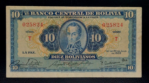 Bolivia Billete 10 Bolivianos 1928 Muy Bueno Pick 130