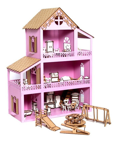 Casa Casinha De Boneca Polly Mdf + 36 Móveis + Parquinho