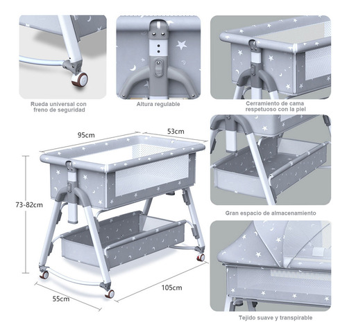 Cuna Plegable Bebe, Cama Altura Regulable Mosquitero Abatible,Colecho Cuna Multifuncional, Corral Con Colchón Mosquitera Color Light Gray