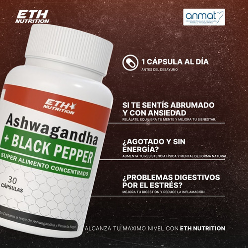 Pack X3 Ashwagandha + Black Pepper Cápsulas Reduce Cortisol Sin Sabor