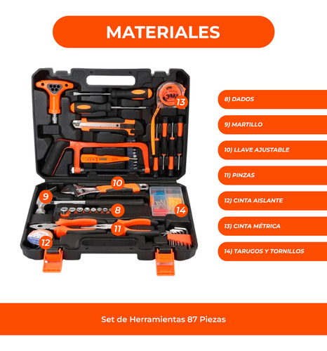 Kit De Herramientas Manuales 87 Piezas Acero Inoxidable