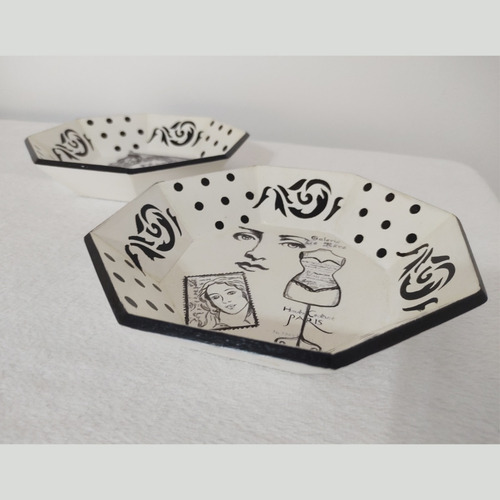 Set 2 Platos Pintados A Mano Artesanales Decorativos Blanco Byn