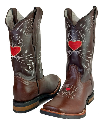 Bota Texana Vaquera Rodeo Mujer 100% Piel Bordada Corazón