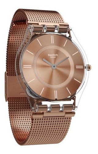 Reloj pulsera Swatch Originals Hello darling de cuerpo color transparente, analógico, para mujer, fondo rosa dorado, con correa de acero inoxidable color rosa, agujas color plateado, dial rosa, bisel color transparente y hebilla de gancho