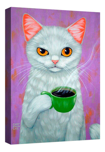 Cuadro Decorativo Canvas Moderno Gato Cat Cofee Armazón Natural