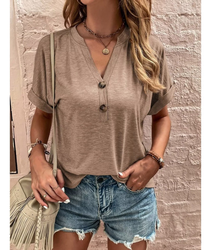 Blusa Casual De Moda Con Cuello En V Y Manga Enrollada