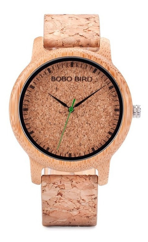 Reloj analógico Bobo Bird M11 de bambú para hombre con correa de corcho, color marrón con bisel, color beige, fondo marrón