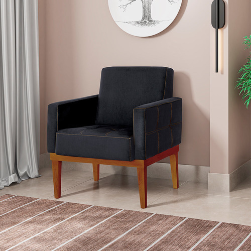 Sillón Texas Suede, negro, base de madera marrón