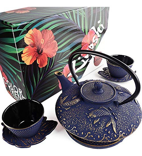 7pc Japanese Tea Set.'midnight Blue Koi' Cast Iron Tea ..