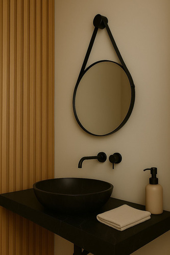 Espelho Redondo Adnet Lavabo 50cm Couro Com Pino