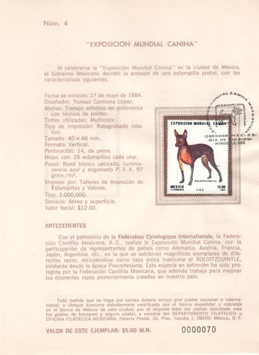 México Hoja Primer Día Expo Canina 1984 Xoloitzcuintle Perro