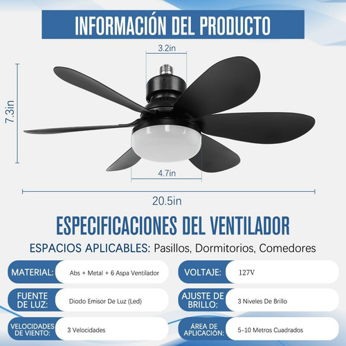 Fofodio Lámpara Ventilador Techo Con Luz Led Control Remoto Focos Ventiladores Techo Cantidad De Aspas 6 Estructura Negro Diámetro 52 Cm Aspas Ventilador Accord Base Para Foco E27