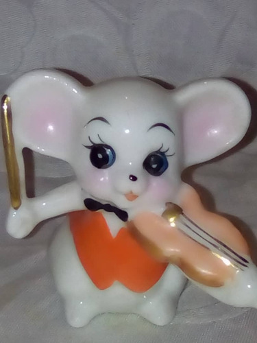 Figura De Porcelana Antigua Raton Con Violin Pintado A Mano 