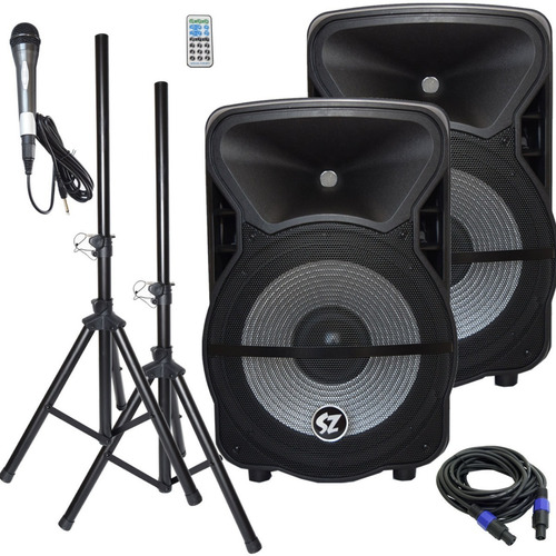 Imagen 1 de 10 de Combo Bafles Bocina Amplificada 15 + Pasiva Con Tripies Usb