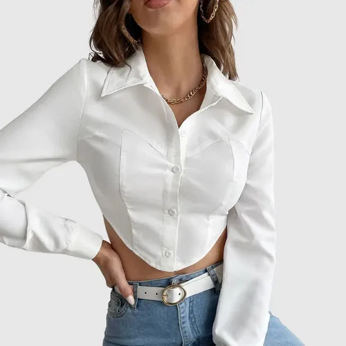 Camisa Social Cropped Crepe Manga Longa Elegante Botões Branco Lisa G — R$ 78,90 em Mercado Livre, 39% OFF