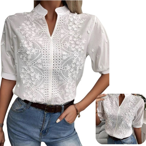 Blusa Casual De Encaje Con Bordado Floral De Verano Con Cuel