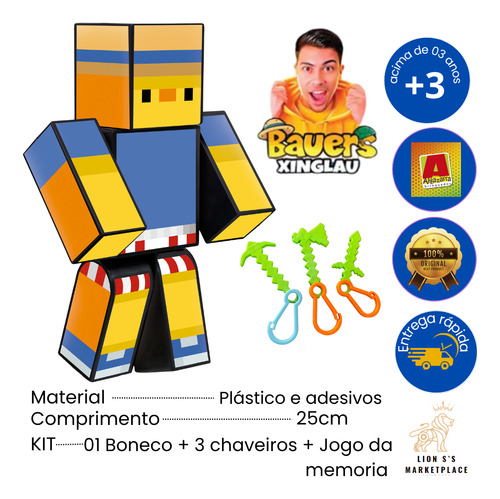 Boneco Xinglau Bauers+chaveiros+jogo Memoria Minecraft 25cm