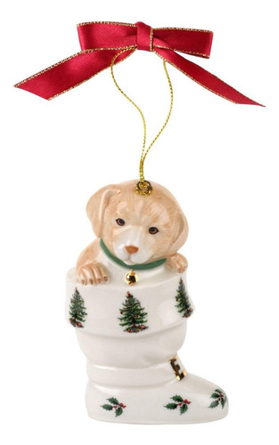 Spode Christmas Tree Puppy In Boot Ornament, Festive Holiday