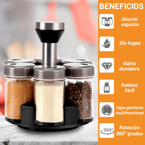 Especiero Giratorio Moderno 360 Kimhi Con 6 Frascos De Vidrio Acero Inoxidable Organizador De Especias Multiusos Para Cocina Color Negro