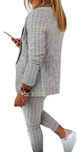 Conjunto De Pantalones Largos Estampado Cuadros Blazer Mujer