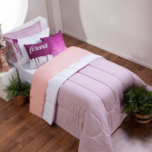 Kit Edredom Dupla Face Solteiro 5 Peças Hiperpercal 400 Fios Cor Rosa