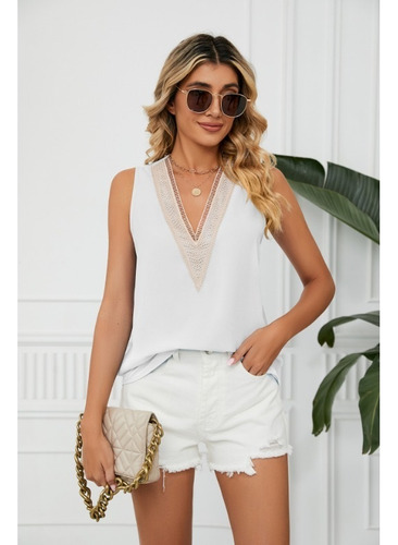 Camiseta Sin Mangas Con Cuello En V Y Encaje De Moda De