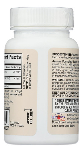 Jarrow Formulas Luteína 20 Mg 60 Softgels Sabor Sin Sabor