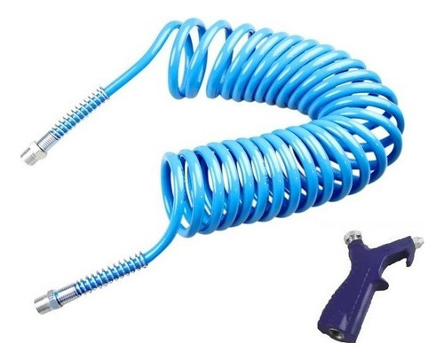 Manguera de compresor en espiral de 3.5 metros y 1/4 metros con boquilla de ventilador, color azul