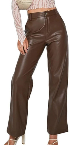 Pantalones De Piel Sintética Para Mujer, Color Liso, Cintura