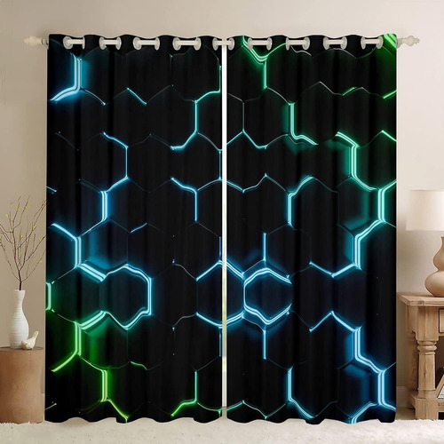 Cortinas Con Estampado Verde Azulado Y Negro, Cortinas Hexag