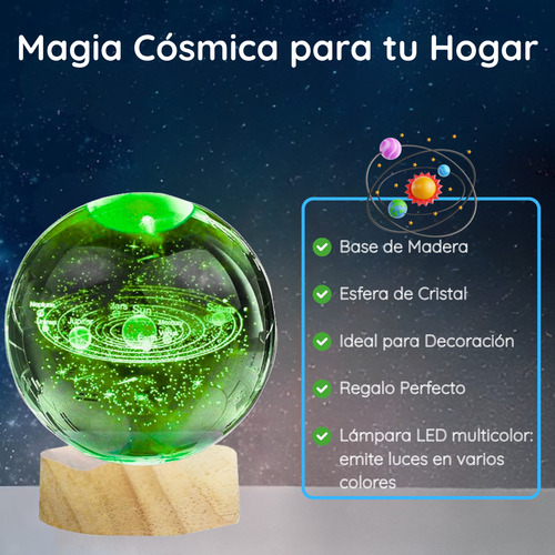 Esfera Cristal 3d Multicolor Led Base Madera Lámpara Noche Marrón Sistema Solar