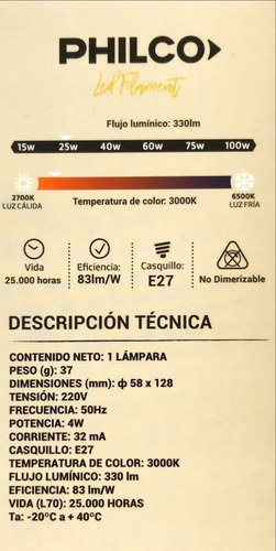 Lámpara Led Edison Vintage Filamento E27 4w St58 Cálida Fría