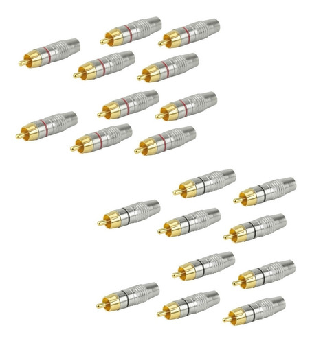 Kit 20 Conector Rca Macho Linha Metálico Gold Verm / Preto